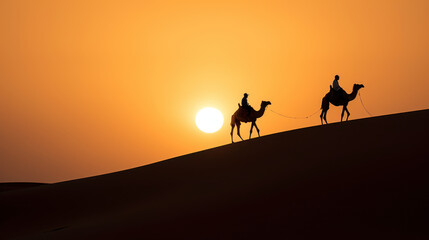 dromadaires avec des personnes dessus qui montent la pente d'une dune dans le désert au soleil couchant
