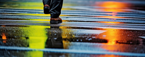 gros plan sur un homme qui marche sur un passage piéton dans une rue où le sol mouillé reflète les lumières de la ville orange et verte - obrazy, fototapety, plakaty
