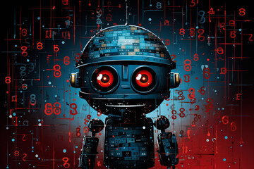 Small robot with glowing red eyes and digital codes