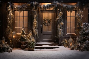 Fototapeta na wymiar A Winter Wonderland: Snow-Covered Footprints Guiding the Way to a Festively Decorated Front Door