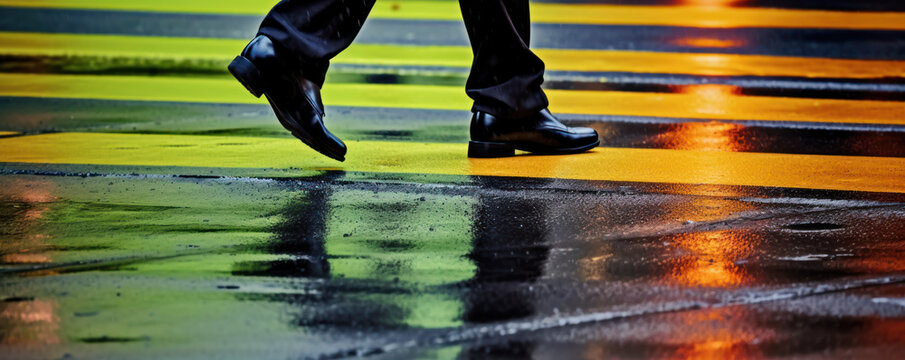 gros plan sur un homme qui marche sur un passage pi&eacute;ton dans une rue o&ugrave; le sol mouill&eacute; refl&egrave;te les lumi&egrave;res de la ville orange et verte