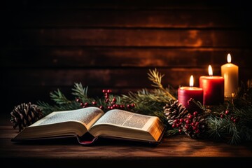 The Christmas Story Unfolds from an Open Bible Surrounded by Festive Decorations