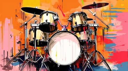 Fototapeta na wymiar Generative AI, Jazz music street art with drums musical instrument silhouette. Ink colorful graffiti art on a textured wall, canvas background...