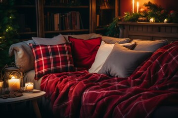 A Festive Snapshot of a Living Room with a Flannel Blanket on the Couch Celebrating the Christmas Spirit