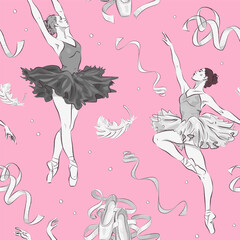 Seamless pattern with hand drawn ballerinas and ballet school elements on pink background. Vector illustration © AM_art