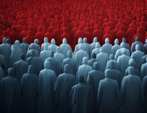 Rows of people wearing red and white symbolizing division