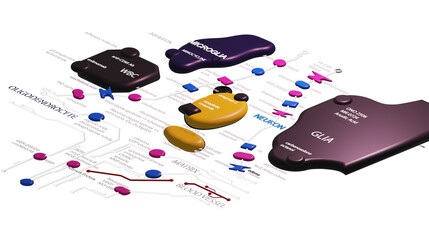 Brain circuits with a pop of color mapped onto a 2D surface with technical terms labelled against a transparent background. pink, blue. red. yellow. black.