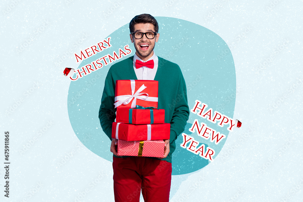 Sticker Creative collage image of funky excited guy delivering new year presents isolated blue color background