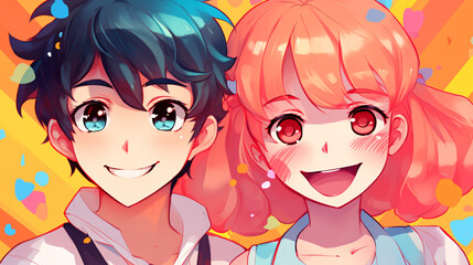 Playful Anime Couples with Bright Colors, Big Eyes, and Expressive Smiles.