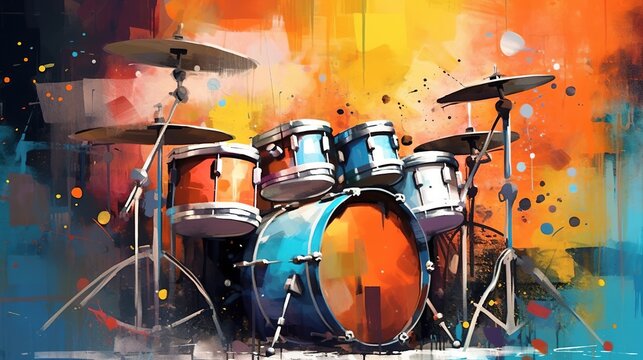 Generative AI, Jazz music street art with drums musical instrument silhouette. Ink colorful graffiti art on a textured wall, canvas background...