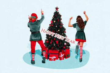 Photo cartoon comics sketch collage picture of happy funky santa claus helpers celebrating new year...