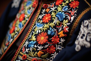 Closeup of traditional costume of lachy sadeckie, southern Poland: detail of embroidery on a coat, floral textile embroidery. - obrazy, fototapety, plakaty