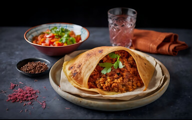 Capture the essence of Injera and Wat in a mouthwatering food photography shot Generative AI