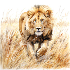 A majestic alpha male lion in Watercolor style, running through the long grass of the African savannah.