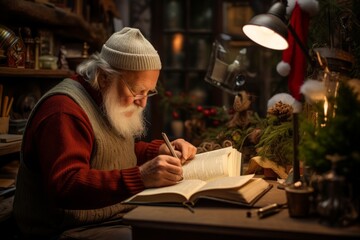 An endearing image of an old man deeply absorbed in his Christmas list amidst a nostalgic wooden decor in a festive studio