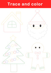 Trace and color for children. Handwriting practice. Coloring page for kids. Christmas activity sheet. 