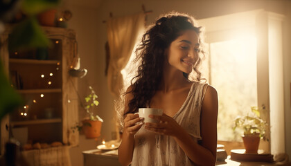 Young Indian girl enjoying healthy herbal tea in the morning and recharging herself - obrazy, fototapety, plakaty