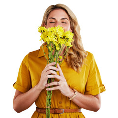 Isolated woman, smelling yellow flowers and thinking with spring, present and transparent png...