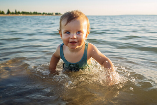 The portrait of a happy baby takes a soap bath in a comfy bathroom. Adorable toddler in a tub. Generative AI.