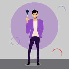 Immerse your designs in radiance of inspiration with illustrative portrayal of man captivated by moment of creative insight. Elevate your designs with this scene of innovative spark.