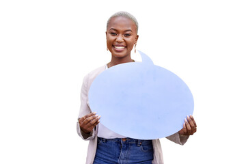 Portrait of black woman, speech bubble or feedback space for opinion on transparent png background....