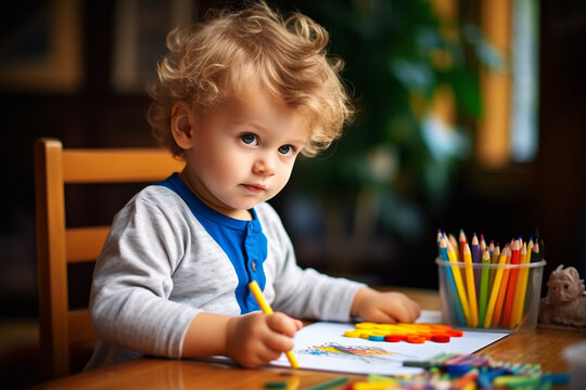 Happy and lively toddler drawing and painting a picture on paper with crayon and pencil colors to create abstract master art in a living room or school class. Generative AI.