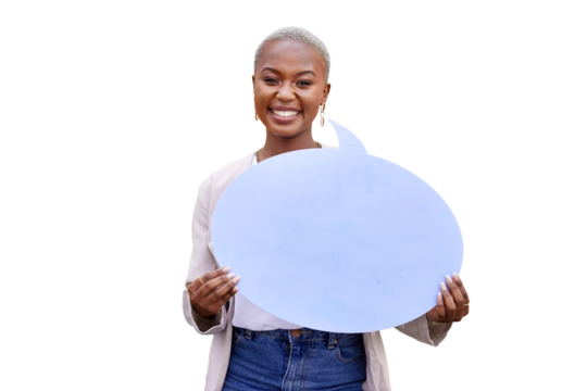 Portrait of black woman, speech bubble or feedback space for opinion on transparent png background. African person, smile or billboard poster for social media, vote or review for mockup announcement