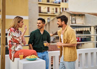 woman man rooftop friend youth young party friendship talking fun happy outdoor group drink lifestyle summer together terrace leisure - obrazy, fototapety, plakaty