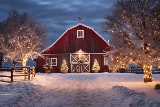 A tranquil winter night showcasing a snow-covered barn illuminated by festive holiday lights