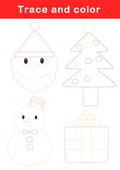 Trace and color for children. Handwriting practice. Coloring page for kids. Christmas activity sheet.  
