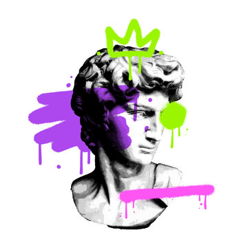 Creative modern pop art poster with David sculpture bust and grungy graffiti abstract elements. T-Shirt Design, Printing, clothes, bags, posters, invitations, cards. Vector illustration hand drawn.