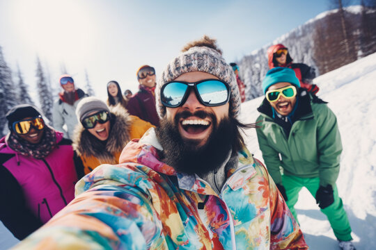 Funny scene with a group of friends taking selfie photo on a ski trail. Positive people on vacation. Sunny snow day background.