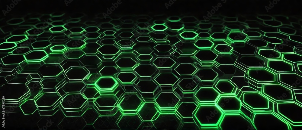 Wall mural abstract neon light green bright lights of thin hexagonal grid lines on plain black background from 