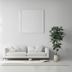 clean scene mockup for products, white walls, modern living room with sofa