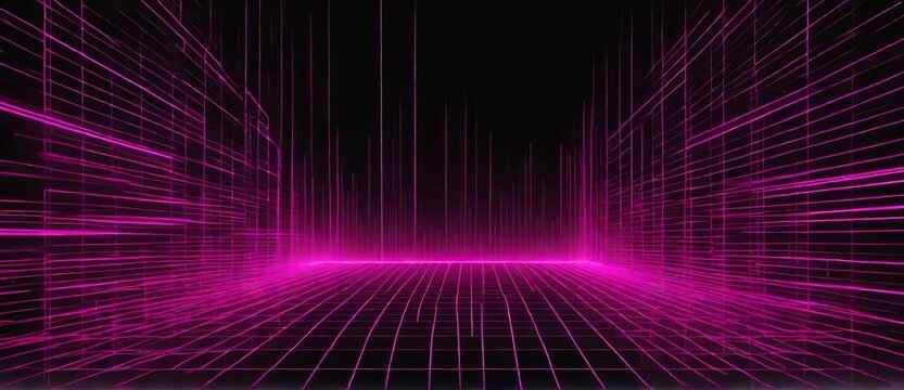 Abstract neon pink lights of thin grid lines on plain black background from Generative AI