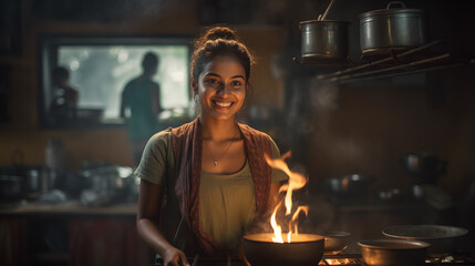 Young Indian woman cooking in a traditional Indian kitchen