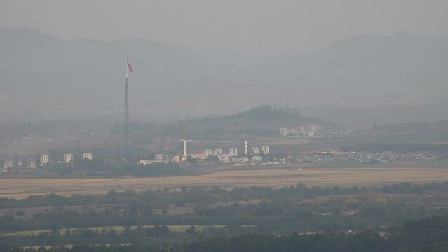 Flagpole and 'propaganda village' in North Korea (as seen from the South Korean side)