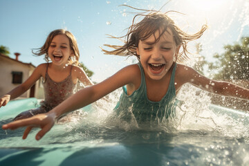 The group portrait of the lively and happy kids swimming and making a splash in an outdoor pool in a warm sunny day. play Generative AI.