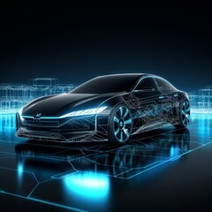 picture of a futuristic electric black car with a holog