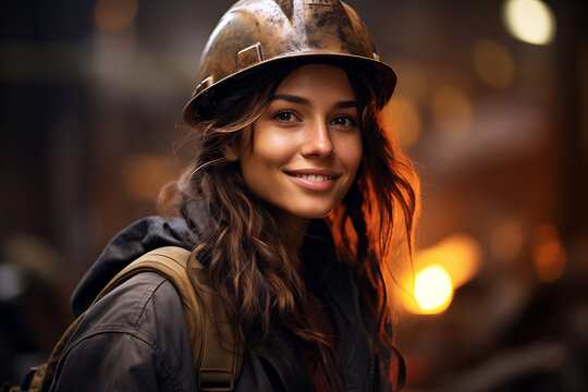 portrait of a smiling female steelworker wearing a helmet