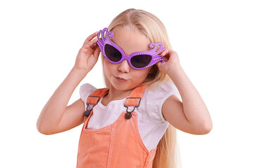 Happy, child fashion and silly sunglasses with kid and party accessory with youth and crazy...