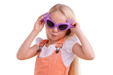 Happy, child fashion and silly sunglasses with kid and party accessory with youth and crazy eyeglasses. Laugh, comedy and girl isolated on a transparent, png background with funny glasses and cute