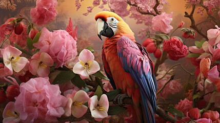 Hyper-realistic render of a parrot perched amidst blossoming flowers Ai Generative