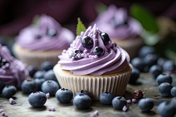 closeup of beautiful and tasty blueberry cupcakes - modern food photography