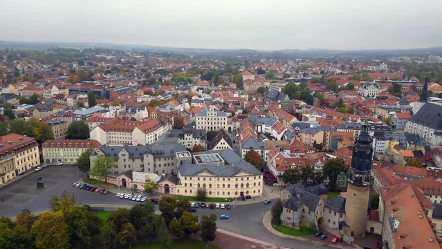 Magic aerial top view flight drone. Cityscape old Town Weimar autumn Germany