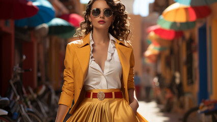 Obraz premium a woman in san miguel de allende dressed with white outfit, reinterpreted with modern clothes such as yellow jacket, yellow skirt, high heels, red ribbon in the head, sunglasses,