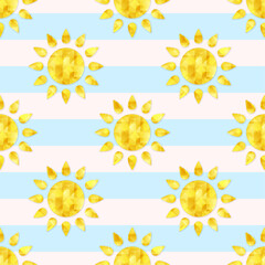 Sun seamless pattern. Vector stylized elements on blue striped background. Best for textile, wallpapers, home decoration, wrapping paper, package and web design.