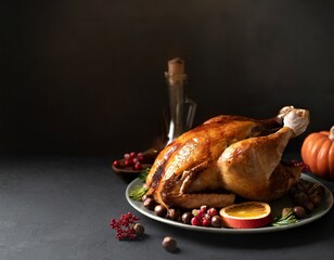Thanksgiving day delicious turkey on plate meal with copy space