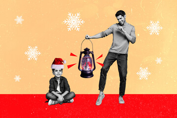 Collage portrait of two black white effect people enjoy dancing hold christmas snow globe gas lamp...