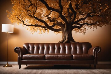 Einrichtungsidee veranschaulicht die Wirkung von Fototapeten. Ein braunes Sofa steht vor einer Tapete, auf der ein alter Baum abgebildet ist.